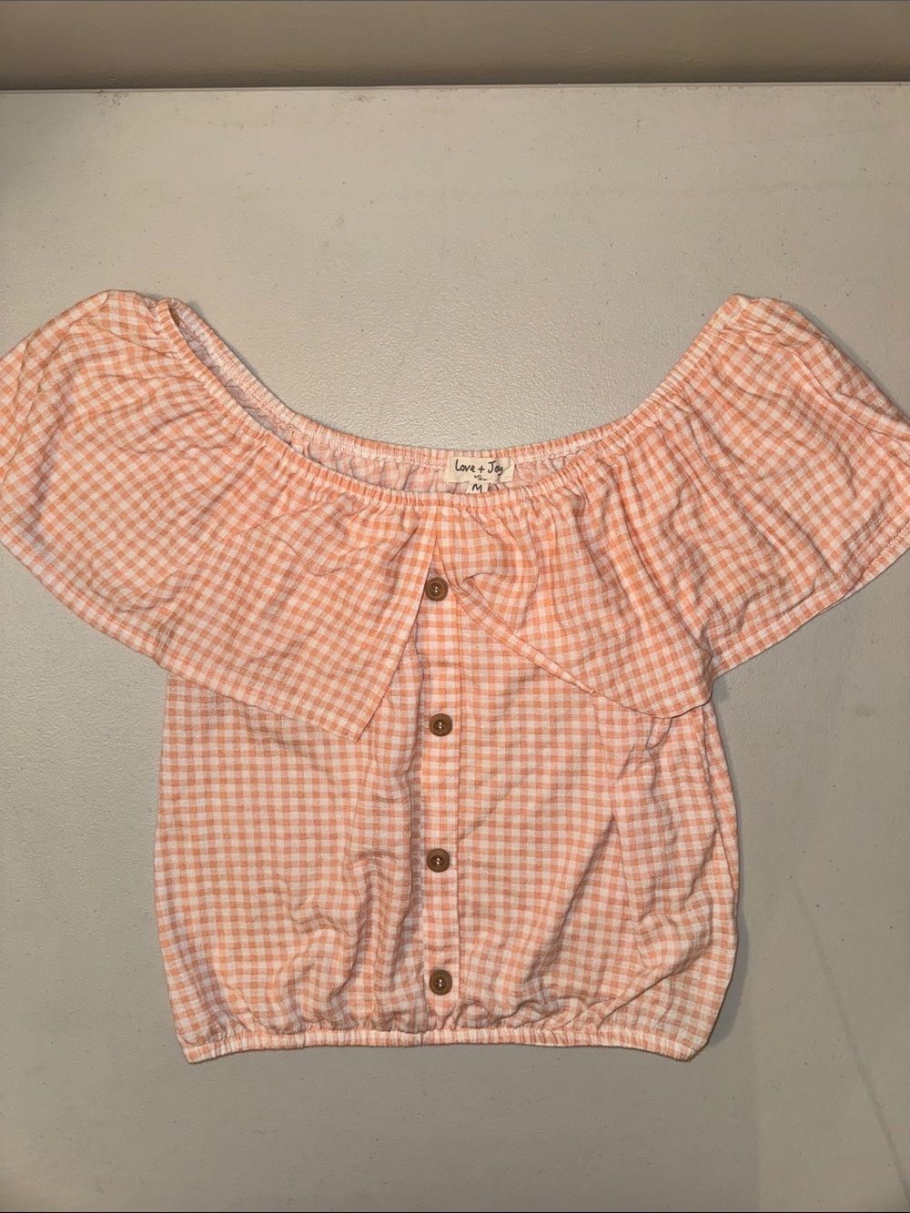 Love + Joy Peach Gingham Off-Shoulder Crop Top
